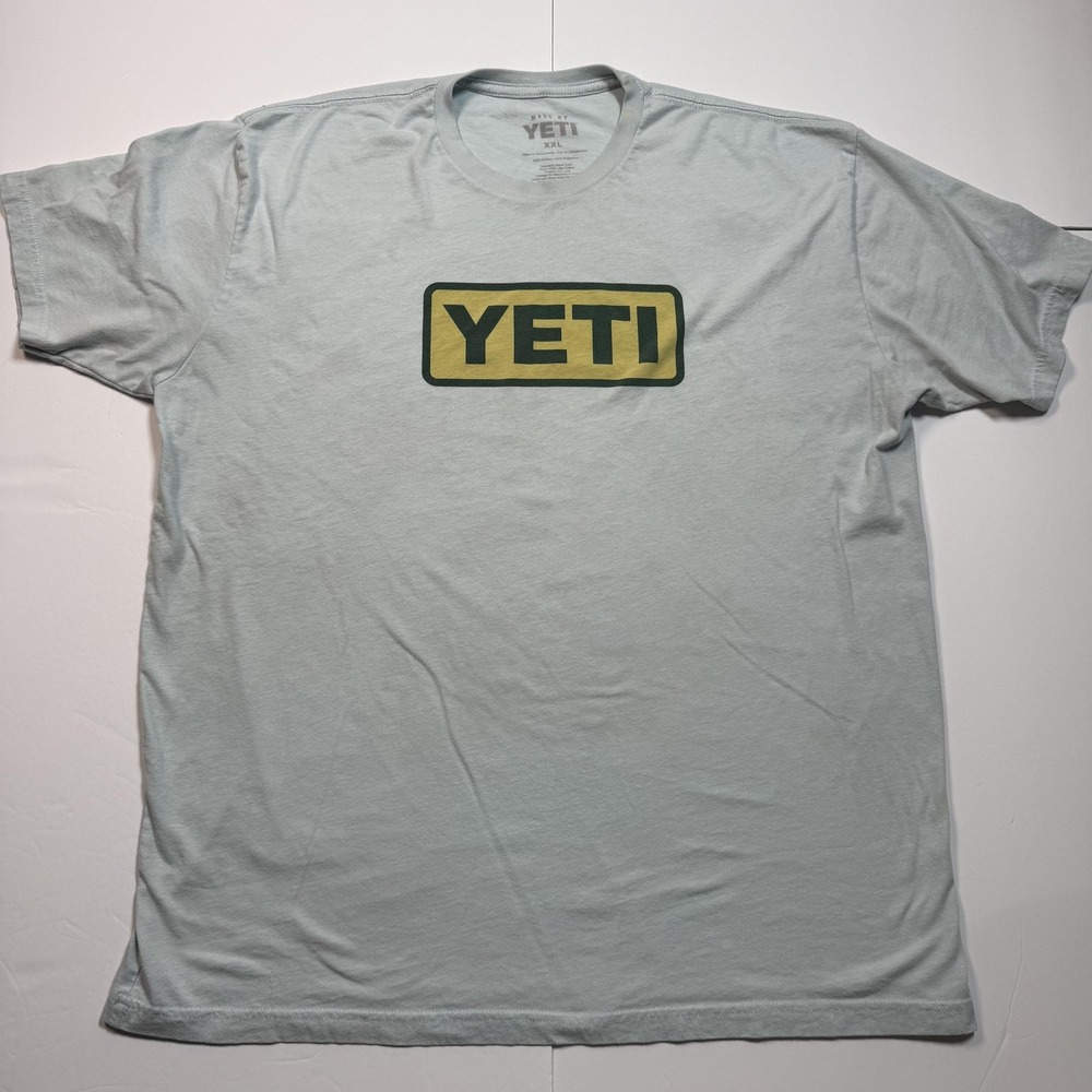 YETI Shirt Mens 2XL Light Gray Box Logo Short Sleeve Graphic Tee Cotton Blend